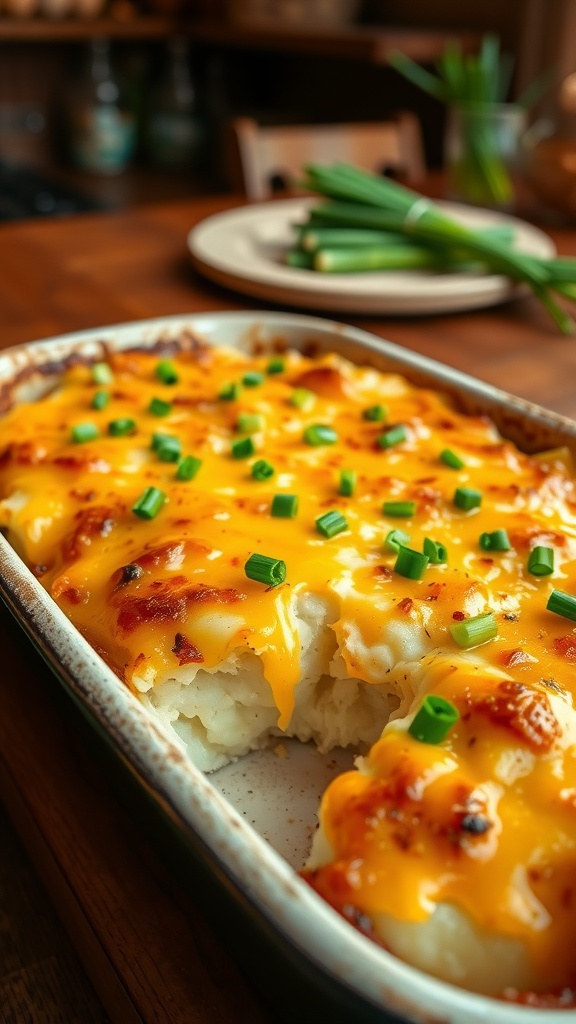 Golden baked potato casserole with melted cheese and green onion garnish in a rustic dish.